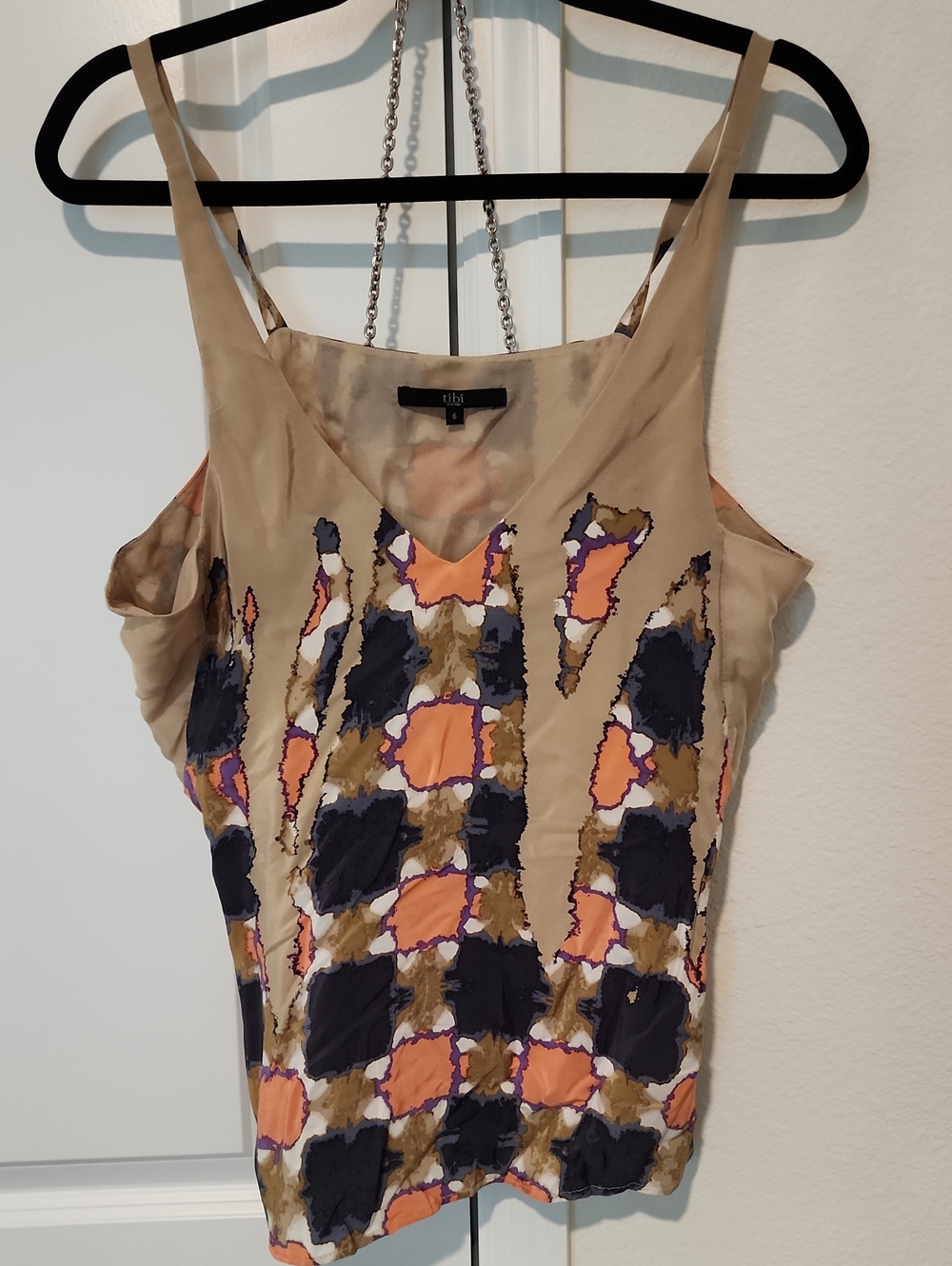 Tibi Silk Cami in Tan, Navy & Coral